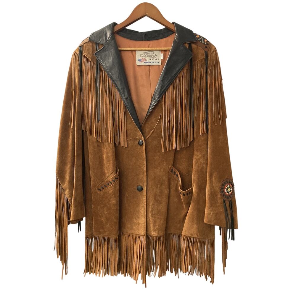 Lariat Leather Coat Fringed Beaded Southwest Suede USA Made Size Large Vintage